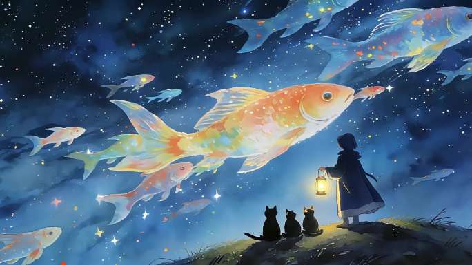 星空下的人与猫和鱼