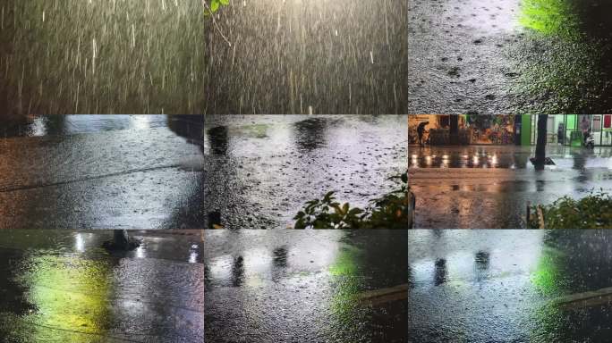 雨夜街景灯光倒影 城市雨夜路面雨水