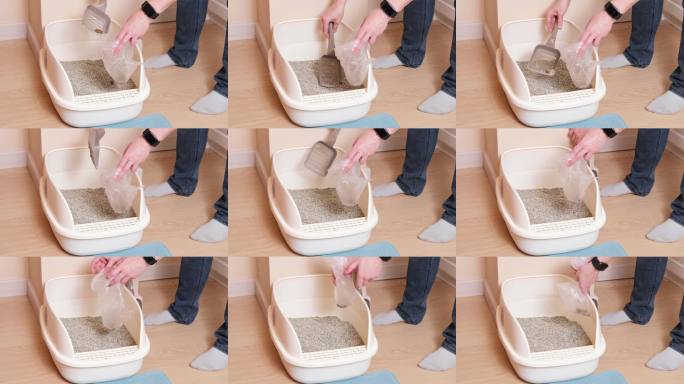 一个人用塑料铲子从装有吸附材料的猫砂盆里铲猫的排泄物