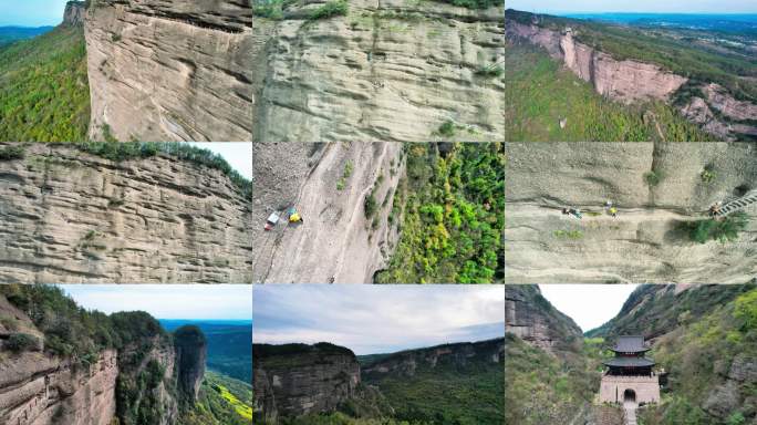 航拍黄色冲锋衣女孩挑战四川剑门关猿猱道