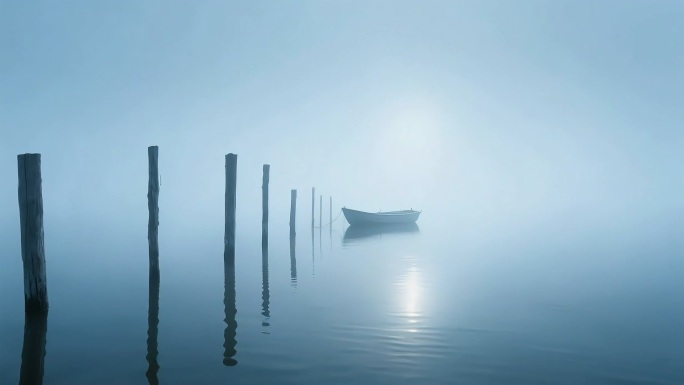 迷雾湖面小船静泊