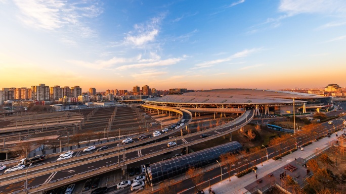 北京南站交通枢纽日转夜延时