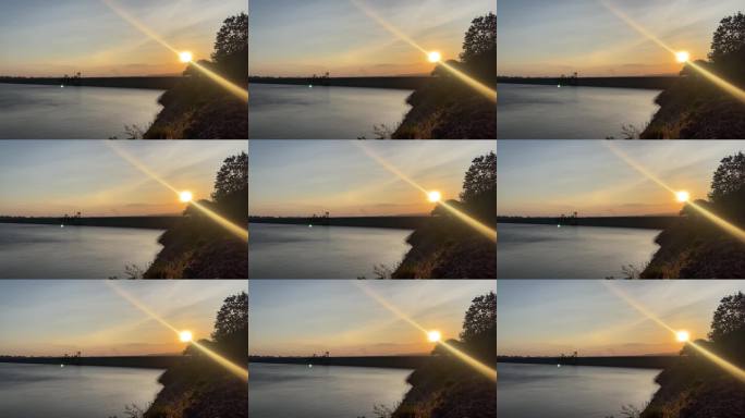 泰国那空那育府的坤丹普拉坎大坝在枯水期的黄昏景色。