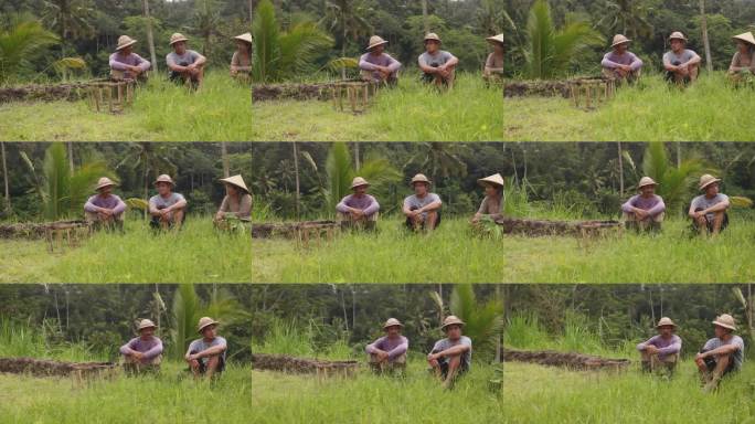 身着传统草帽的巴厘岛农民在郁郁葱葱的绿色稻田中休息，讨论着工作