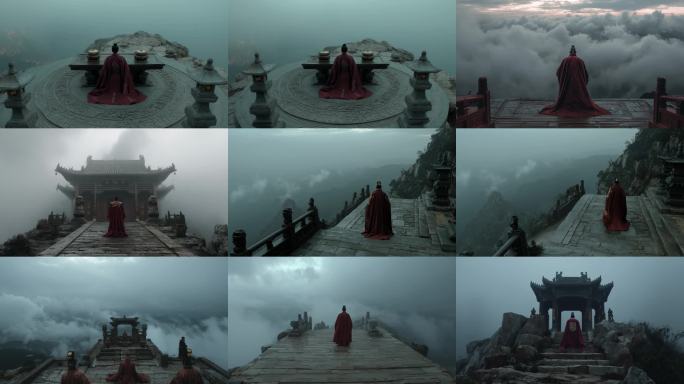 仙侠古装男子山间独思红衣古风人物云海观景