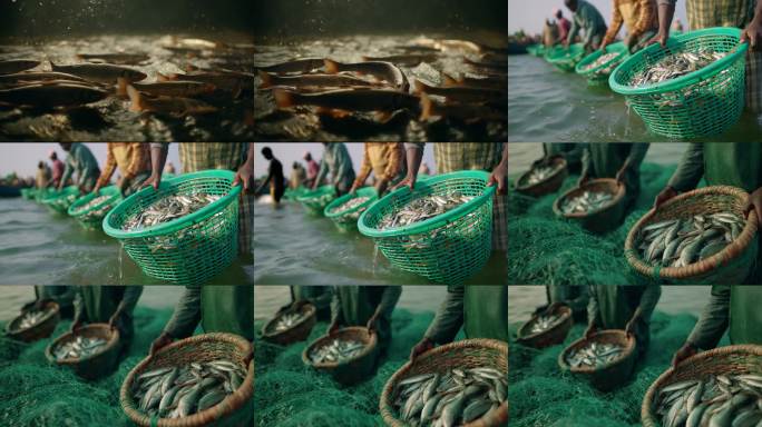 渔网鱼篮满载鲜鱼渔民丰收鱼获场景