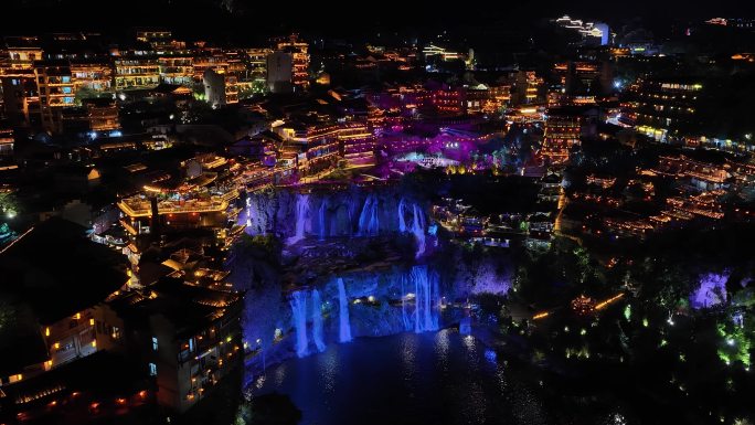 湘西永顺芙蓉镇夜景唯美航拍