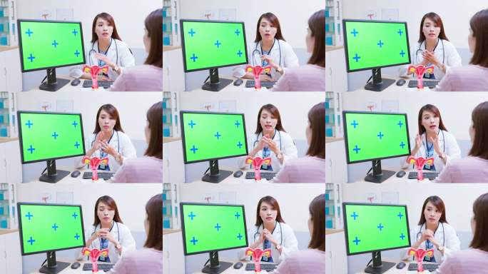 亚洲医生使用绿幕解释子宫。