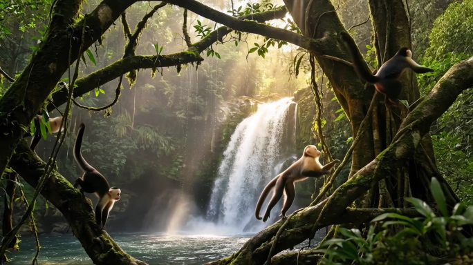 航拍森林瀑布：绿色屏障的灵动之舞