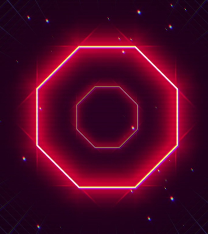 充满活力的复古视觉效果，动态霓虹八边形，伴随律动，色彩缤纷的网格舞台，闪烁的霓虹灯和漂浮的粒子