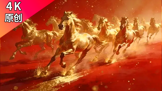 金马，万马奔腾喜庆红金背景，大气开场