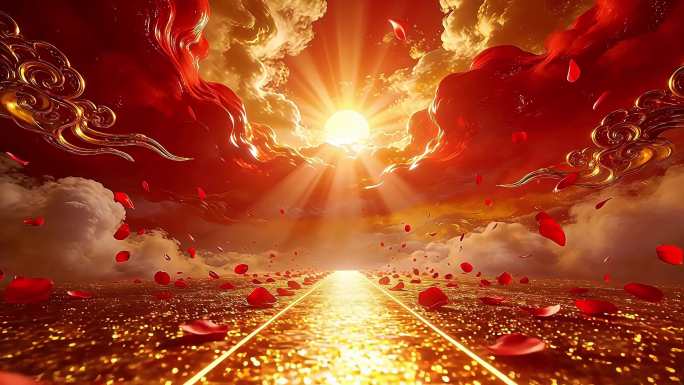 红金祥云光柱鎏金花瓣舞台背景（循环）