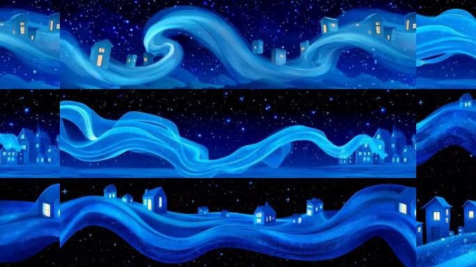梦幻蓝色星空飘带波浪房子小镇背景vj