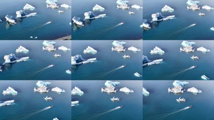 航拍冰川湖泊游船穿行