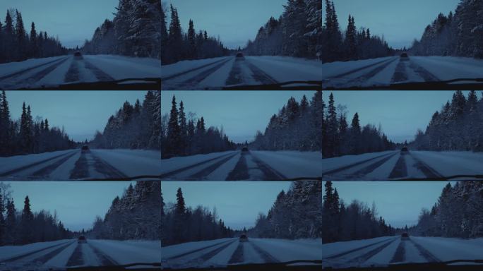 汽车在冰冻的路面上行驶，冰雪覆盖。司机在雪天的高速公路上驾驶汽车。寒冷天气。暴风雪