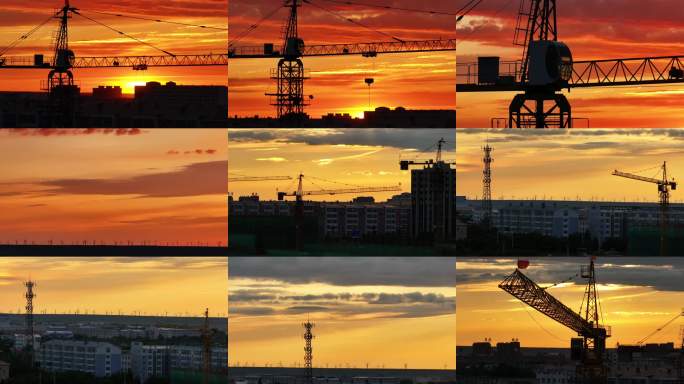 夕阳下的塔吊与建筑群