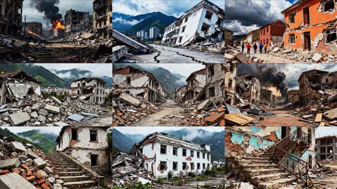 战争废墟中的火焰燃烧与灾难现场