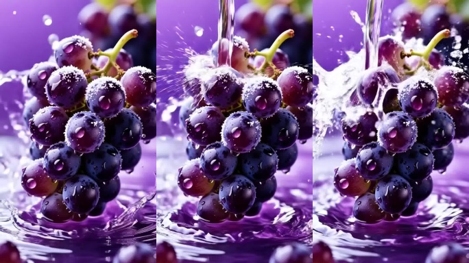 葡萄淋水特写镜头水珠飞溅紫色葡萄