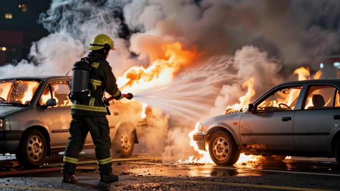 车辆着火汽车电瓶车消防员灭火火灾救援现场