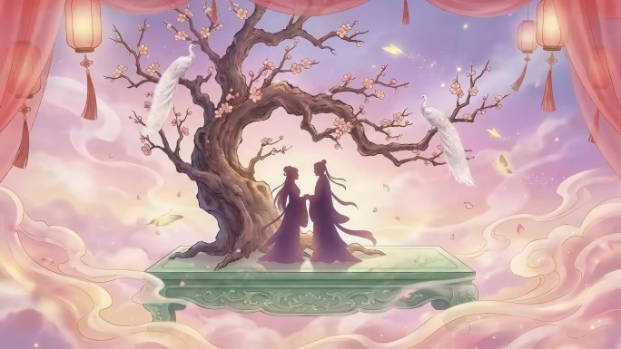 唯美古风七夕情侣月下对弈弹琴月亮灯笼云海