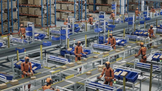 3D动画：自动化仓库或物流中心的等距视图，配备先进的通用机器人。飞越自主AI驱动的人形机器人在履行中