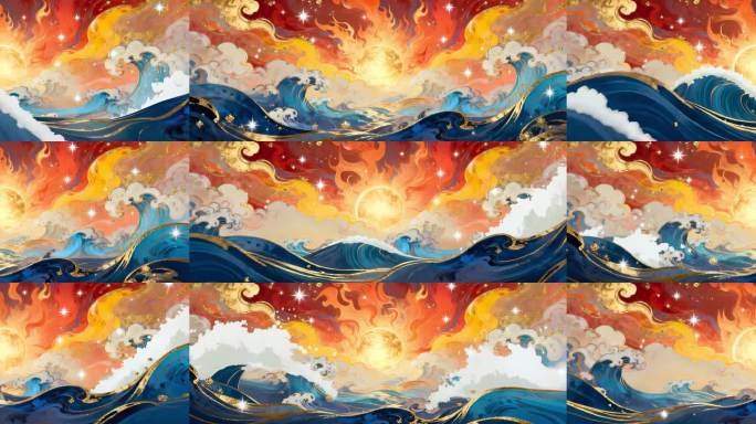 国潮 海浪金色祥云背景LED大屏 宽屏