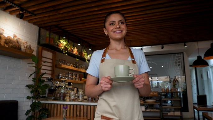 美丽的女服务员为坐在咖啡馆外的顾客端咖啡。