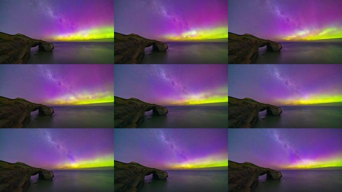 极光银河下的海岸岩石