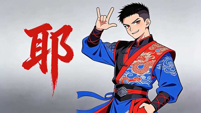 国风少年比耶手势动画