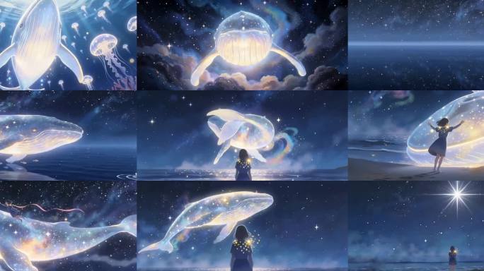 梦幻鲸鱼和少女唯美治愈插画动态视频素材