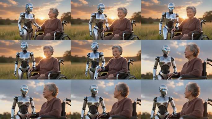 夕阳下的机器人与老人