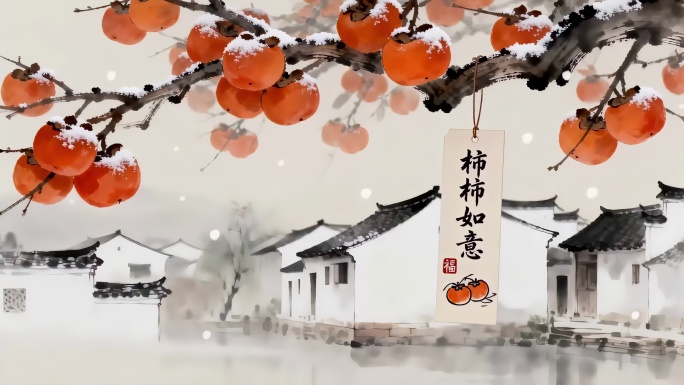 事事如意柿子树水墨晕染国画