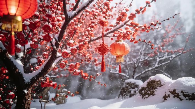 雪映红梅挂灯笼