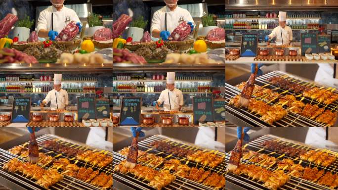 厨师烤肉串制作过程