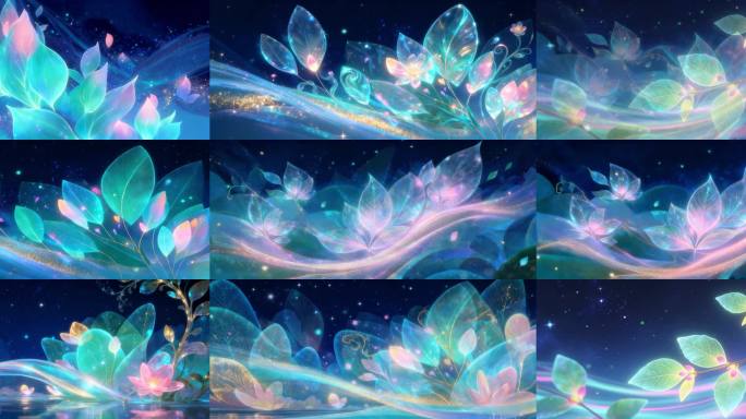 流光树叶动态视频 梦幻荧光植物背景