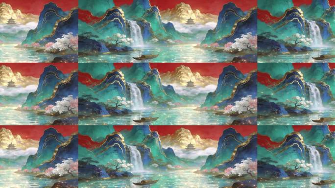 国潮千里江山图山水瀑布背景