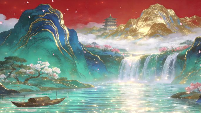 国潮千里江山图山水背景视频