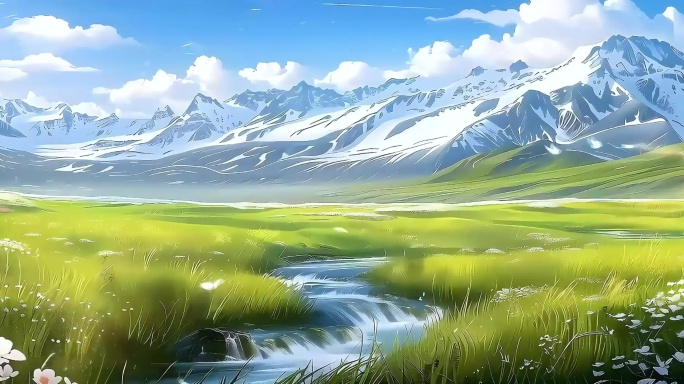 【循环】雪山下的青青草原