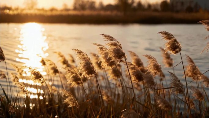 夕阳逆光的芦苇荡岸边意境唯美金色水面落日