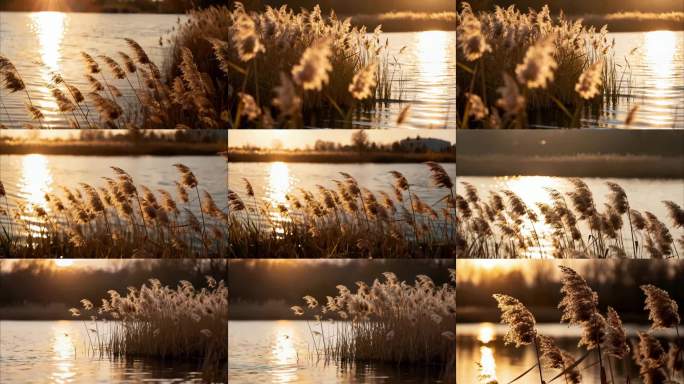 夕阳逆光的芦苇荡岸边意境唯美金色水面落日