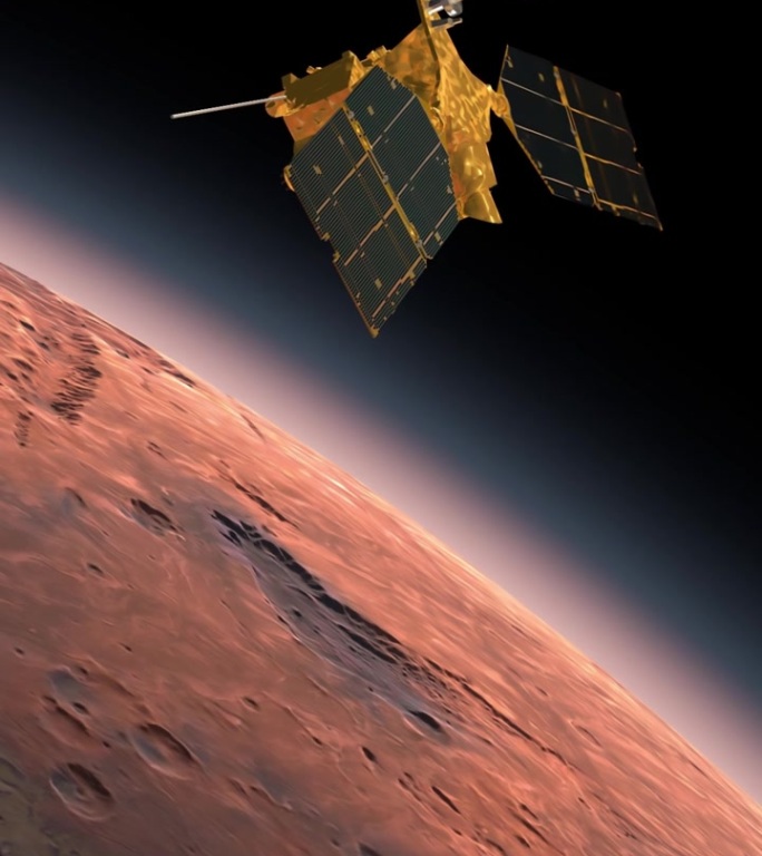 火星卫星绕火星轨道运行。火星在外太空中旋转。前往红色星球火星的太空旅行。3D渲染动画。