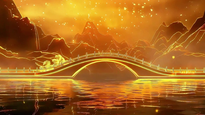 （宽屏循环）大气鎏金山水 金色山水桥廊