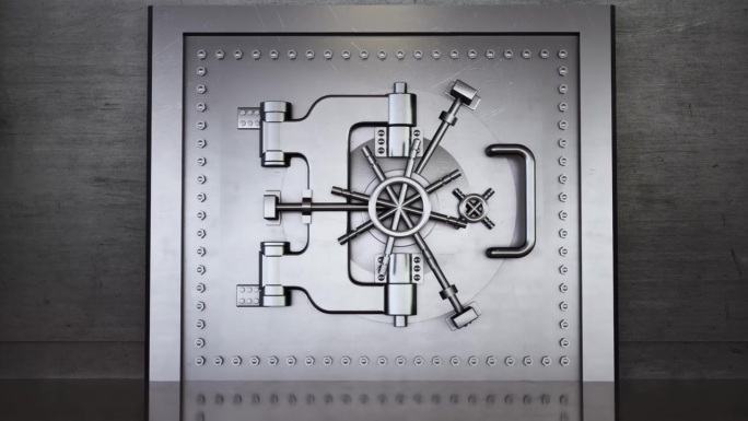镜头穿过现代金融机构的高安全性金库，展示先进的保护技术。3D动画。