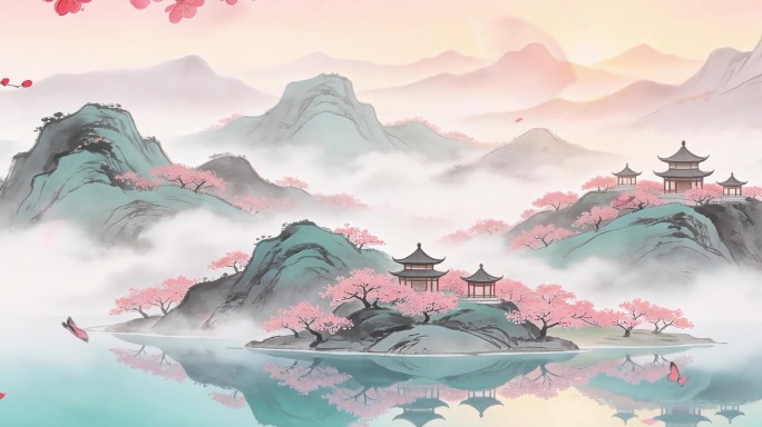 古风桃花山水意境背景