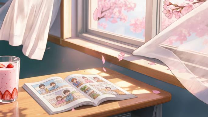 8K60帧宽屏二次元樱花教室窗边草莓奶昔