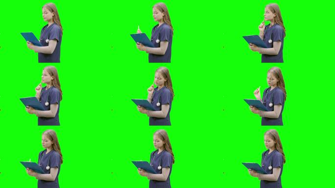 女性医生在工作日用夹板写字，绿幕背景，4K。