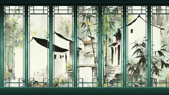 意境水墨江南 屏风 徽派古镇风光