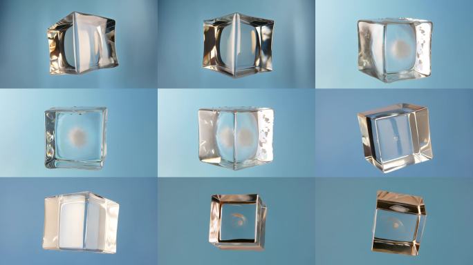 蓝色背景水晶方块动画 透明立方体旋转特写