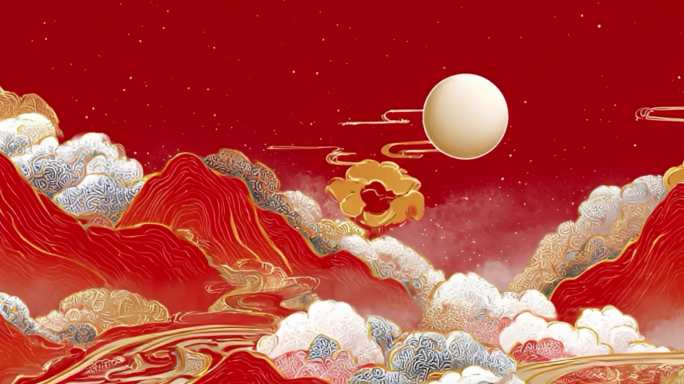 中国风祥云山脉动画国潮红金山水背景