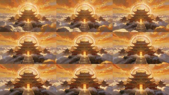 云海金殿霞光背景
